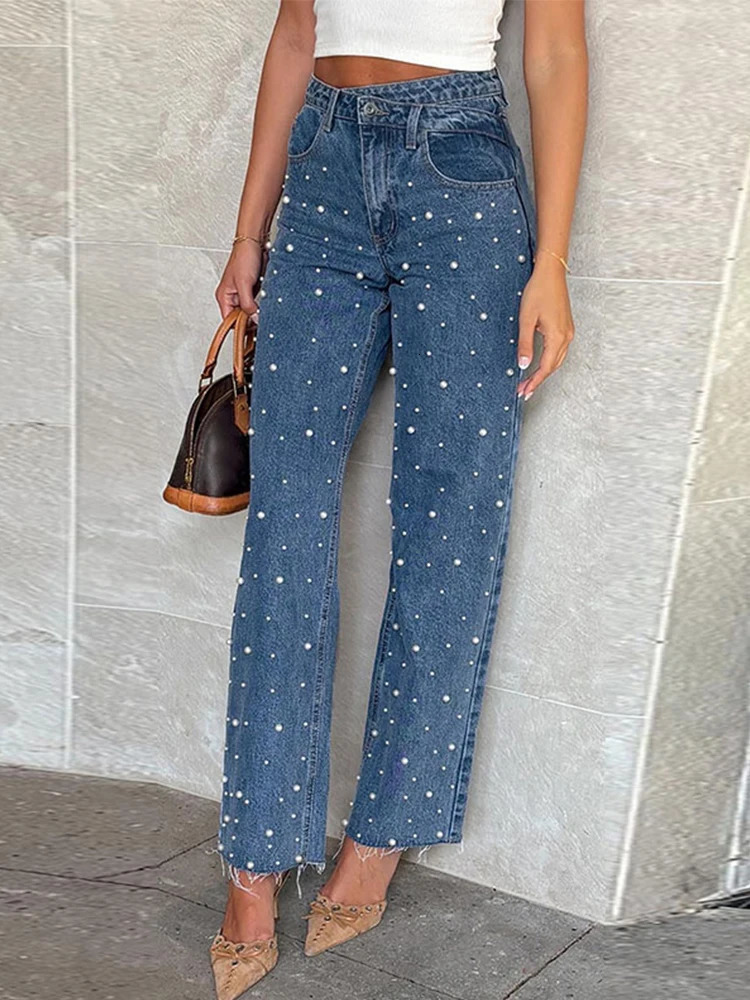 Vintage High Waist Denim Jeans Pant For Woman Y2K Straight Leg Studded Beads Streetwear For Woman Trendy Casual Trousers 250320