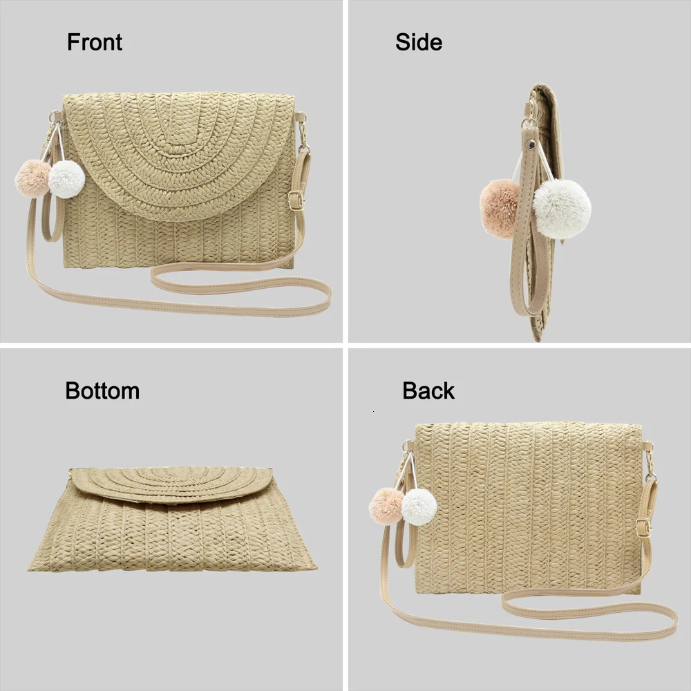 Handmade womens straw bag summer holiday beach leisure clutch wallet elegant shoulder Lafia envelope 250317