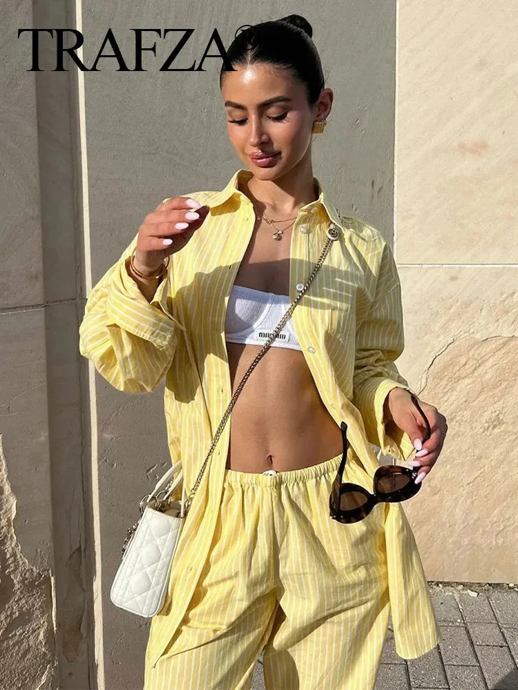 TRAFZA Women Yellow Stripe Blouse Pant Suit Loose Long Sleeve Shirt Drawstring Trousers Female Fashion Streetwear Outfits 250320