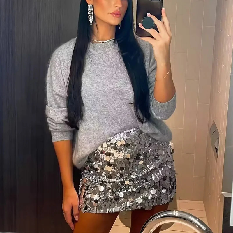 TRAF Short Skirts Women Spring Summer Autumn Sexy Elegant Party Mini Skirt Ladies Fashion Casual Sequined Skirt For Female 250320