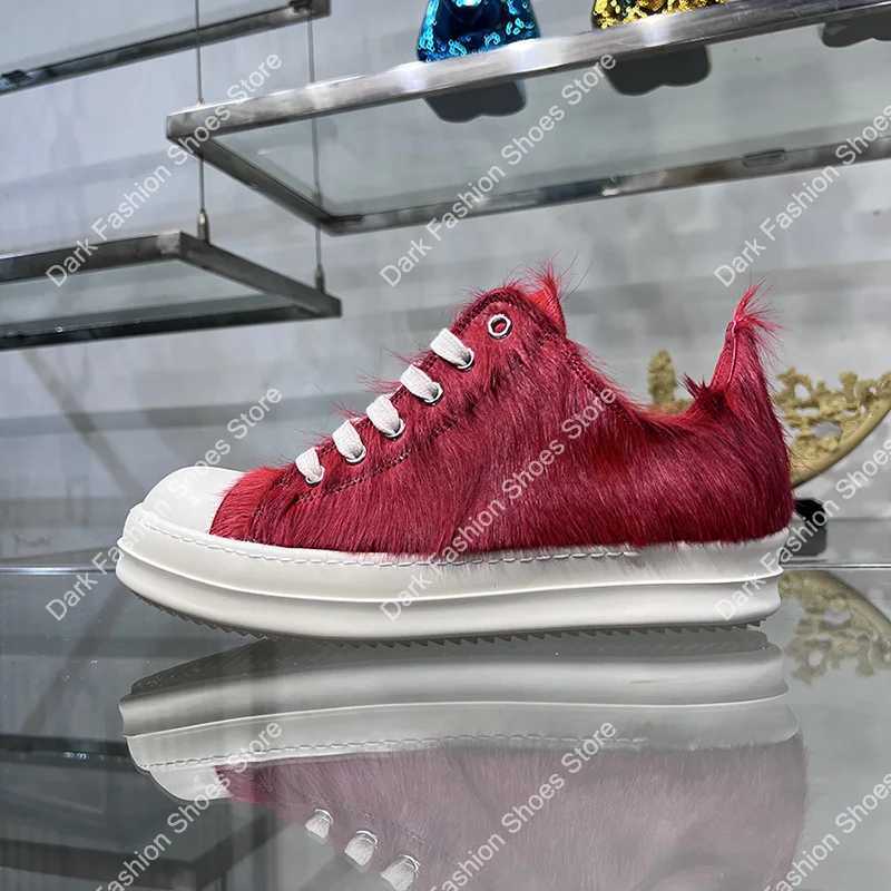 24ss new horsehair low top high-quality casual shoes deep red mens leather thick soled lace luxury sports ribbed sports shoes Y250320