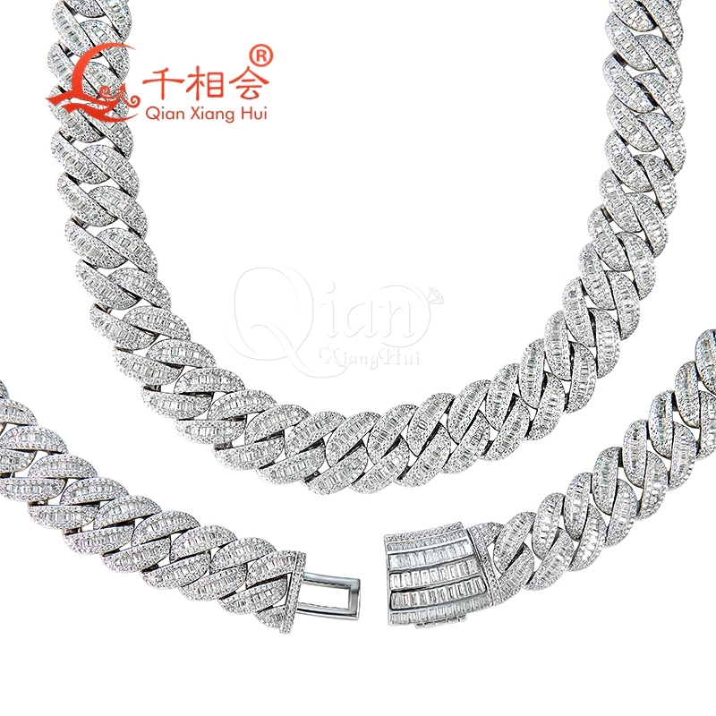 S925 Silver Necklace with 15mm Baguette Half Moon Cuban Link White Moissanite Iced out Hip Hop Chain Jewelry for Women And Men