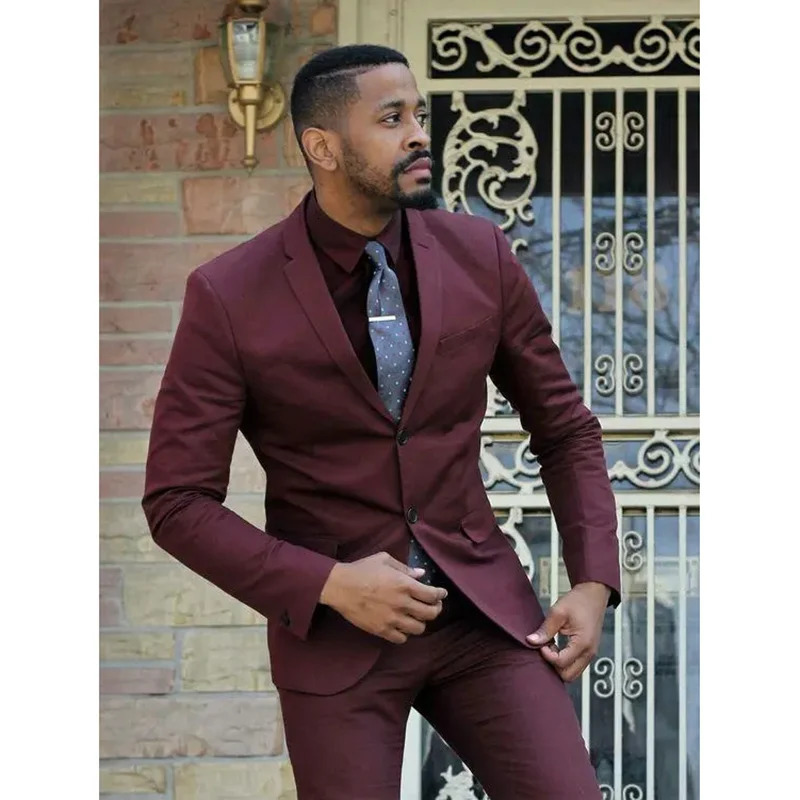 Summer Solid Male Suit Burgundy Formal Notch Lapel Office Casual Slim Two Piece BlazerPants Fashion Wedding Party Tuxedo 250311