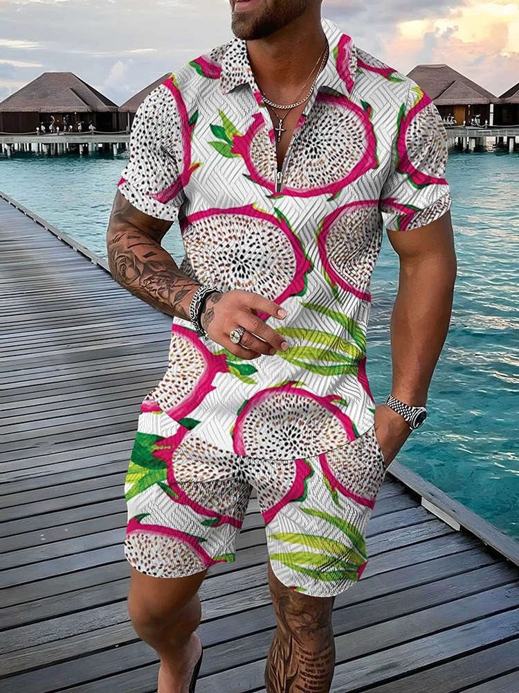 Summer Tropical Fruit 3D Printed Mens Zipper Collar Tracking Clothing Trend Polo Shirt Fashion Shorts 2-piece Set Mens Street Clothing Set 250318