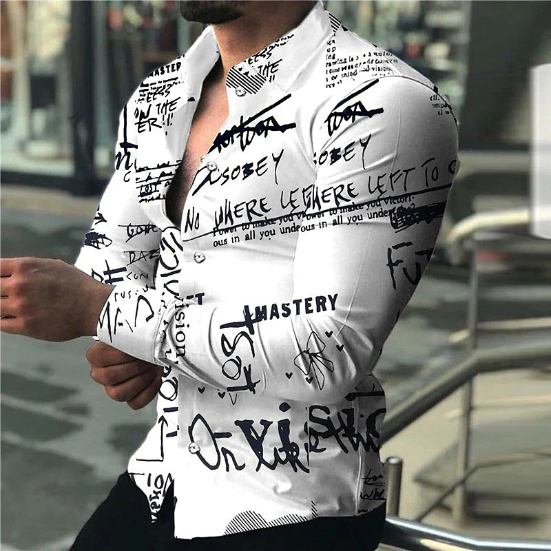 spaper Text Art Fashion Party Evening Dress Collar Button Shirt Casual Printed Long Sleeve Mens Sweater 250320