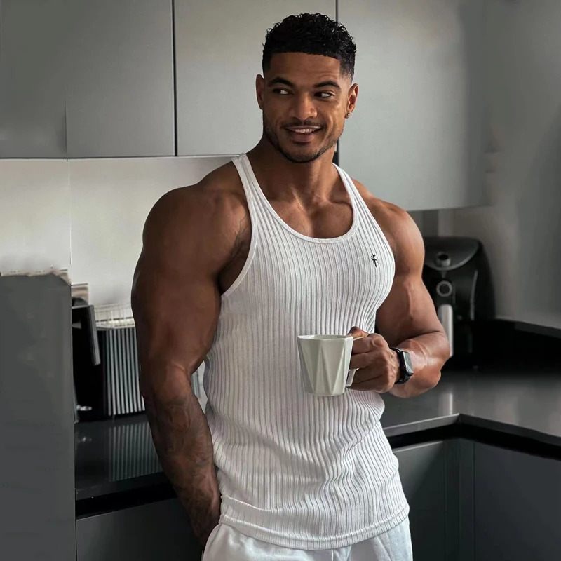 FATHER SONS Mens Vest Gym Sports Fitness Printing Sleeveless T-Shirt Striped Fabric Quick Drying Breathable Elastic Tank Top 250320