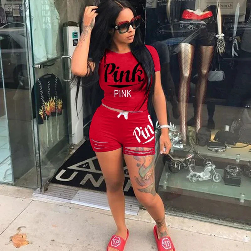 Selling European and American Womens Summer Pink SMS Printing Burning Flower Sports Two Piece Set 250318