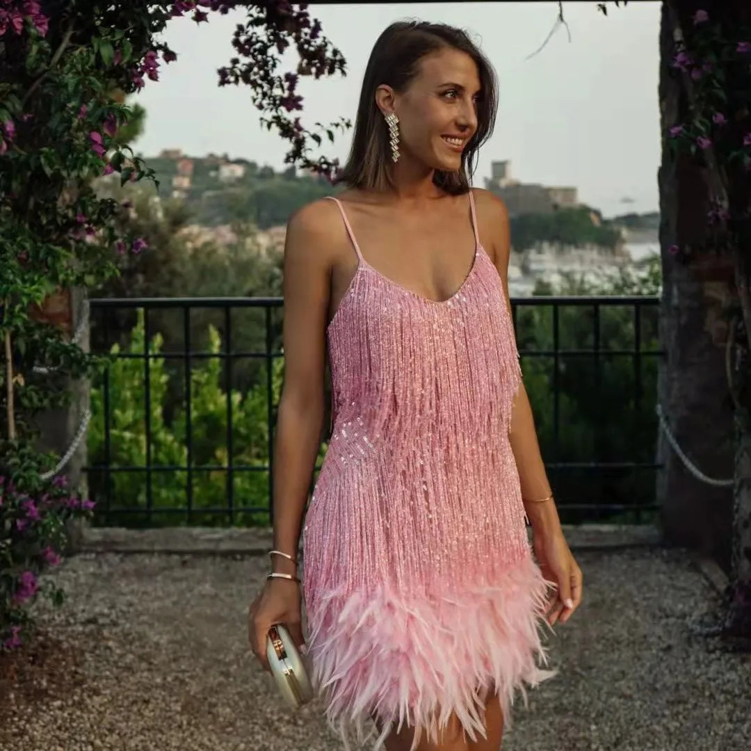 Sexy Tassel Sequin Shiny Feather Mini Dress Women y Black Short White Dresses Evening Party Club Cocktail Prom 250320