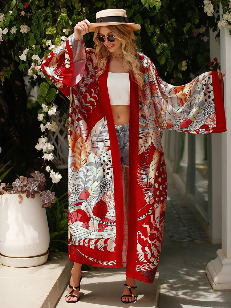 Bohemian style long sleeved beach covered kimono tribal printed cardigan sun protection swimsuit cover 250321