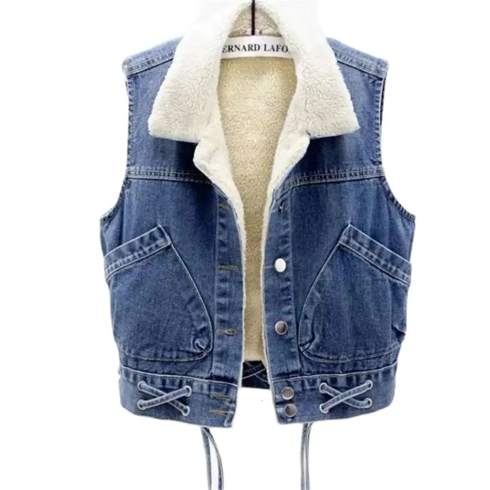 Autumn Lamb Wool Liner Plush Thick Cowboy Vest Winter Plus Velvet Warm Women Denim Waistcoat Female Gilet Sleeveless Vest Jacket 250320