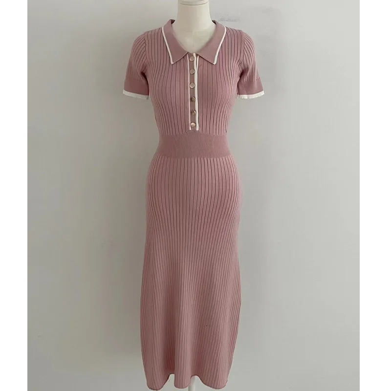 Korean Fashion Womens Knitted Midi Dress Elegant Office Tight Matching Short Sleeve Trend 250320