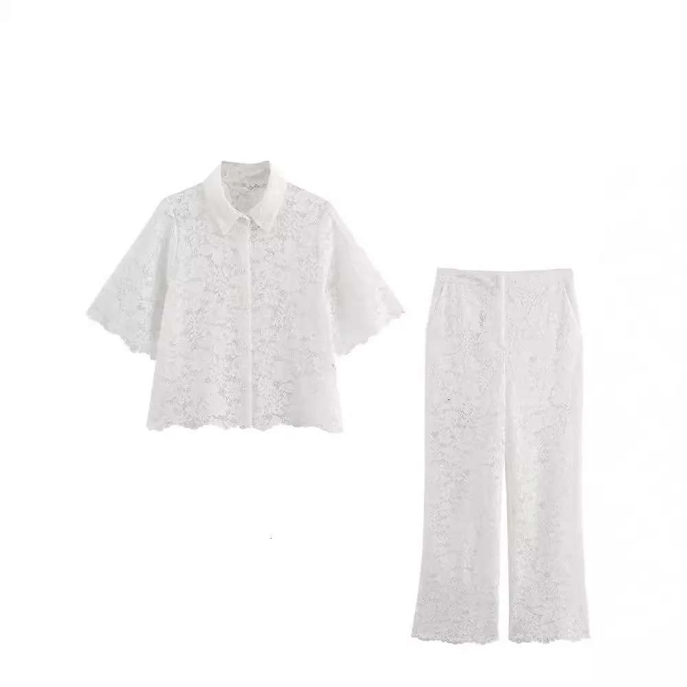 Transparent white vacation style lace pants set for womens summer leisure office womens set hollow out matching 250320
