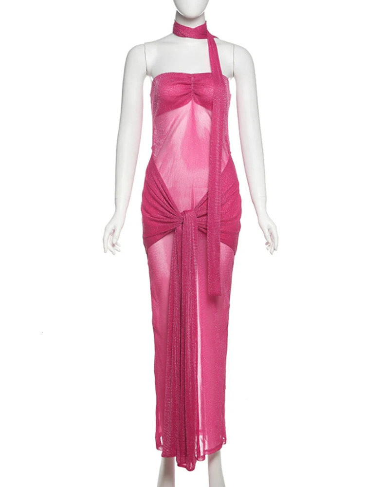TARUXY Fashion OffShoulder Ribbon Dress Female Glitter High Waist Sexy Mesh Maxi Womens Solid Twsit Evening Party Dresses 250317