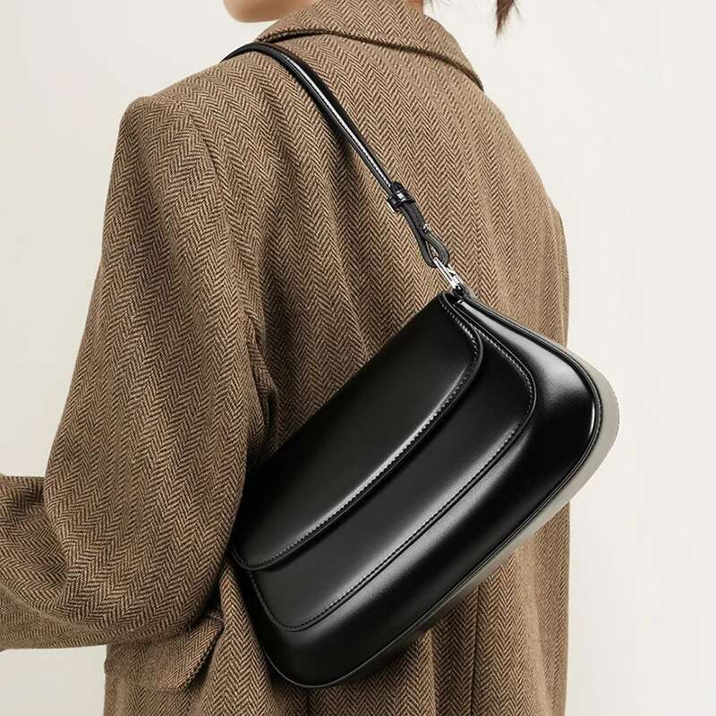 2024 Handbags Genuine Leather Women Saddle Bags High Quality Single Shoulder Female Versatile Crossbody Bag Black
