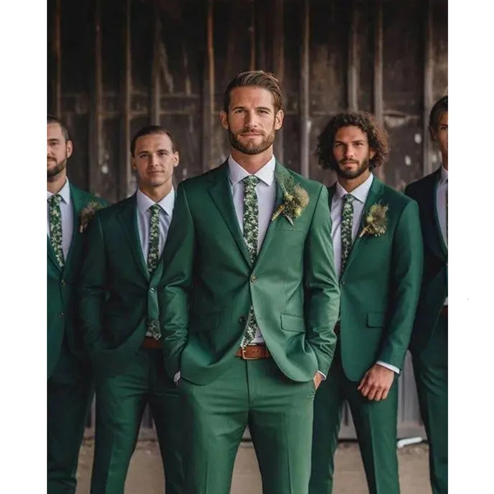 Fashionable green mens wedding dress twopiece style chic notch lapel single chest tailcoat ultrathin fit jacketpants 250311