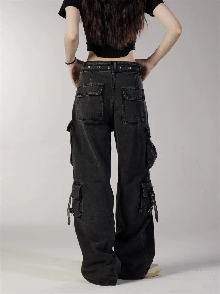Cyber Y2K Streetwear Washed Black Baggy Cargo Jeans Pants For Women Clothing Multi Pockets Hip Hop Lady Trousers Womens Clothing 250320