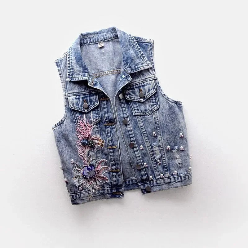 Student Vest Slim Short Jacket Embroidery Flowers Sleeveless Denim Vest Womens Beaded Waistcoat Hole Jeans Vest Coat Girl 250320