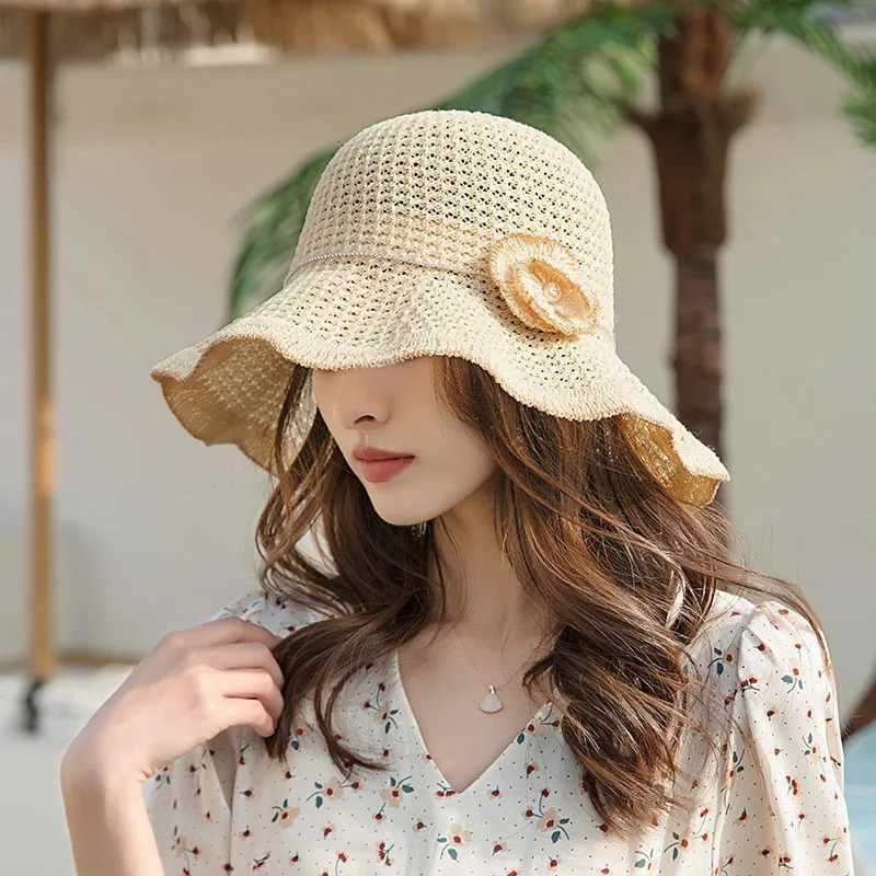 Black Hat Spring Summer Hat Korean Foldable Beach Straw Flower Leisure Sun Protuction Fisherman Bucket Hat for Women Panama Caps 250320
