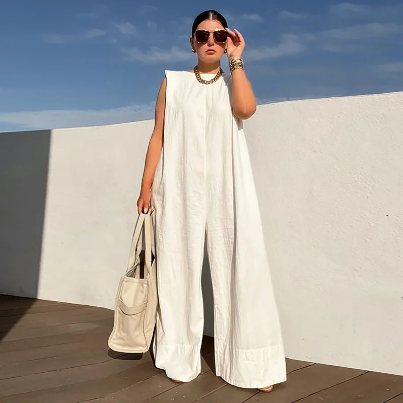 Lemongor Womens Shoulder Pad Jumpsuits 2025 Summer Sleeveless Solid Color Oversize Loose Casual Fashion Wide Leg Jump Suits 250320