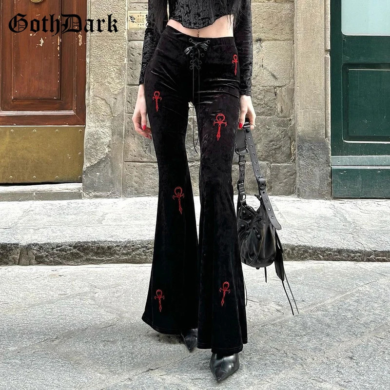 Goth Dark Velvet High Waist Flare Pants Harajuku Fashion Cross Embroidery Soft Long Pant Women Autumn Mall Gothic Slim Trousers 250320