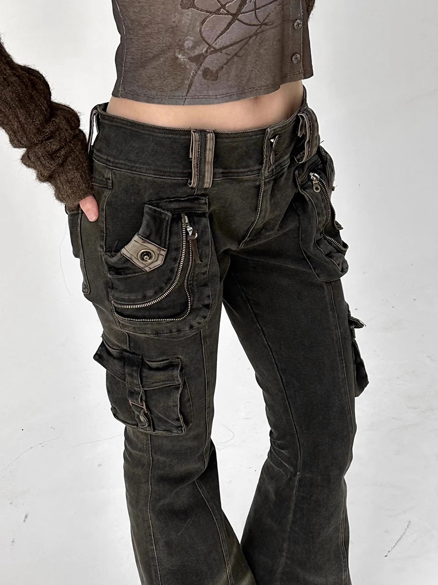 REDDACHiC Dual-Button Low Rise Women Cargo Pants Grunge Zipper Decor Pockets Do Old Whiskers Flare Jeans Grayu Y2k Streetwear 250320