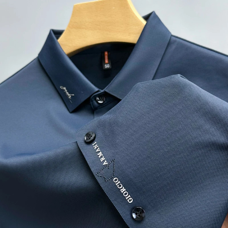 High-end Ice Silk Short-sleeved Shirt for Men Embroidery Summer Mens Business Casual Shirts Thin Lapel T-shirt Top 250320