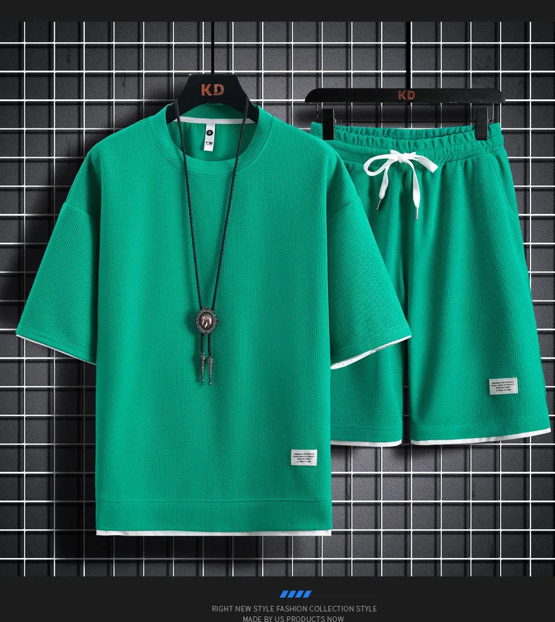 Waffle t-shirt men short sleeved ice silk summer with a suit of handsome casual sports pants thin 250320