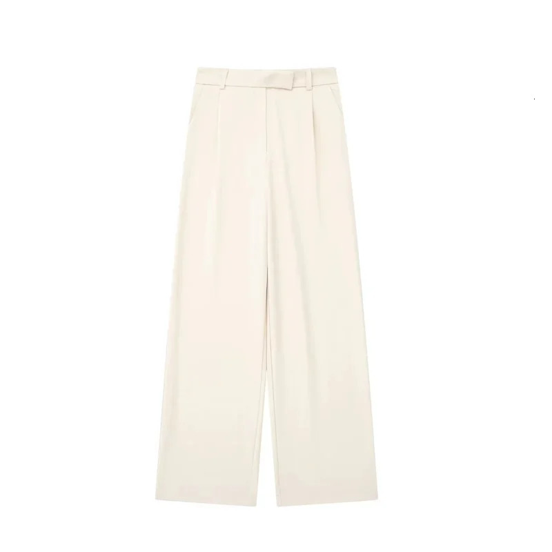 TRAF 2024 Womens Pants Beige Grey Black Wide Leg High Waist Pocket Fashion Summer Office 250320