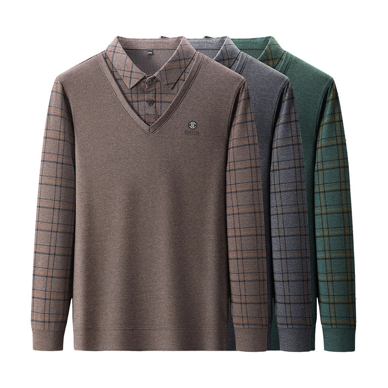 2024 Autumn Mens Polo Pullover Button Lapel Solid Plaid Splice Two Piece Long Sleeve Tshirt Underlay Korean Fashion Tops 250320Z