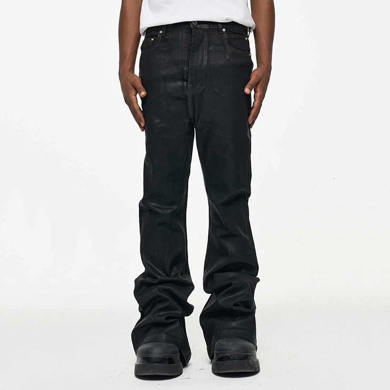 PFNW High Street Coated Brushed Micro Flare Drag Black Jeans Mens Loose Elastic Waxing Trouser Niche n 28W5688 250317