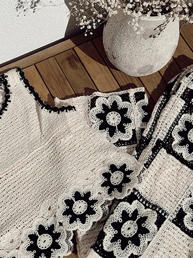 Crochet flower knitted hollow vest pants set sleeveless top perspective high waist straight leg pants summer womens clothing 250320