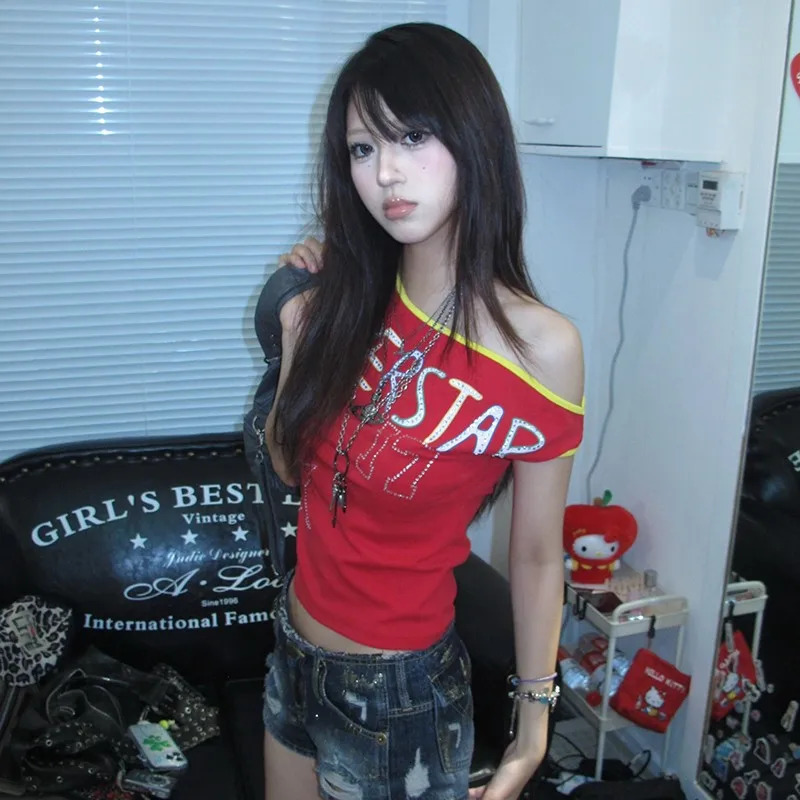 Karrram Japanese Y2k Off Shoulder T-shirt Trashy 2000s Letter Print Crop Top Vintage Harajuku Rhinestones T Shirt American Retro 250317