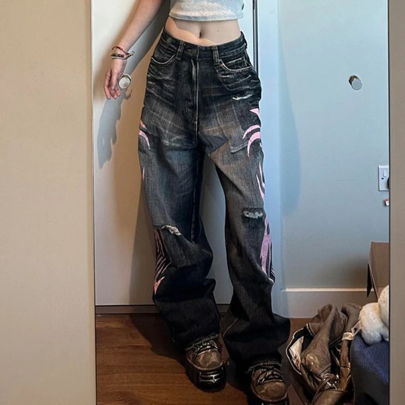 Printed bag jeans womens clothing street washing Distressed retro high waisted jeans womens Versatile jeans womens jeans 250320