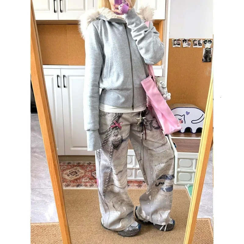 High Street Hip Hop Ripped Lace Metal Texture Printed Womens Jeans American Spring Girls Sliding Wide Legs Pants 250314