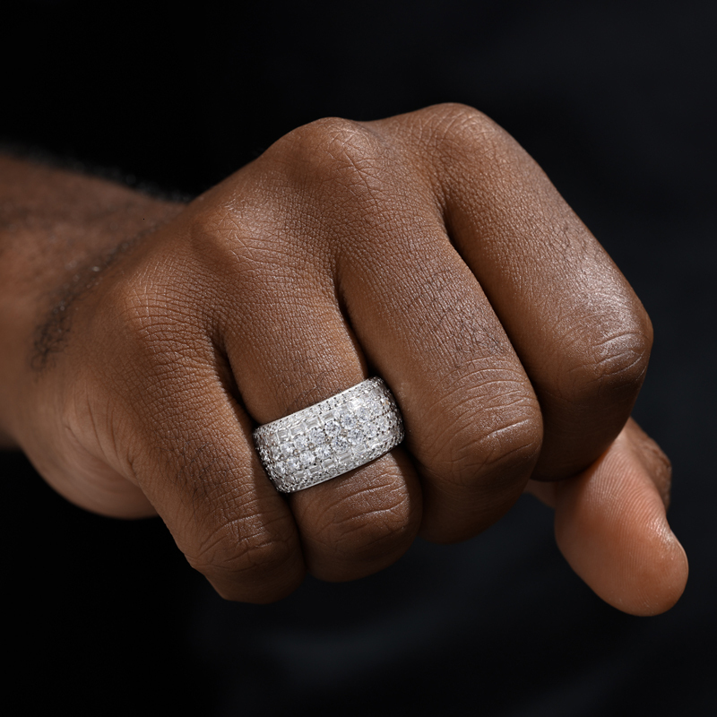 TUHE Unisex Double Row Classic Moissanite 925 silver Ring For Men Hip Hop Jewelry Pave Setting Ring Fashion Rock Gift