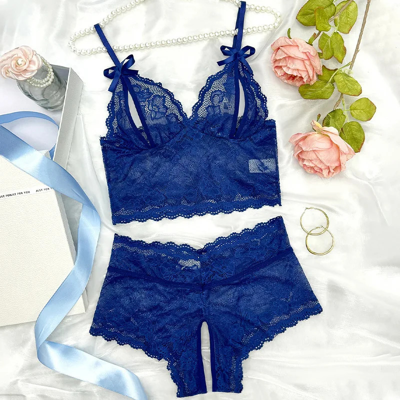 Sensual Lingerie Transparent Lace Bra Kits Crotchless Female Underwear Set Dark Blue Hollow Exotic Sets Tempation Intimate Goods 250320