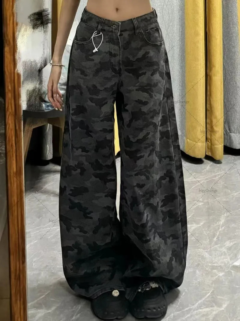 American Retro Camouflage Oversized Jeans Fashionable Loose Personality Street Hip-hop Trendy High Waist Wide-leg Straight Pants 250320