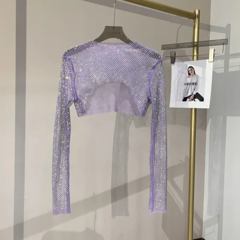Summer Sexy Colorful Diamond Short Top Womens fix Rhinestone Long Sleeve T-shirt Party Waist Exposure Ladies Fashion 250320
