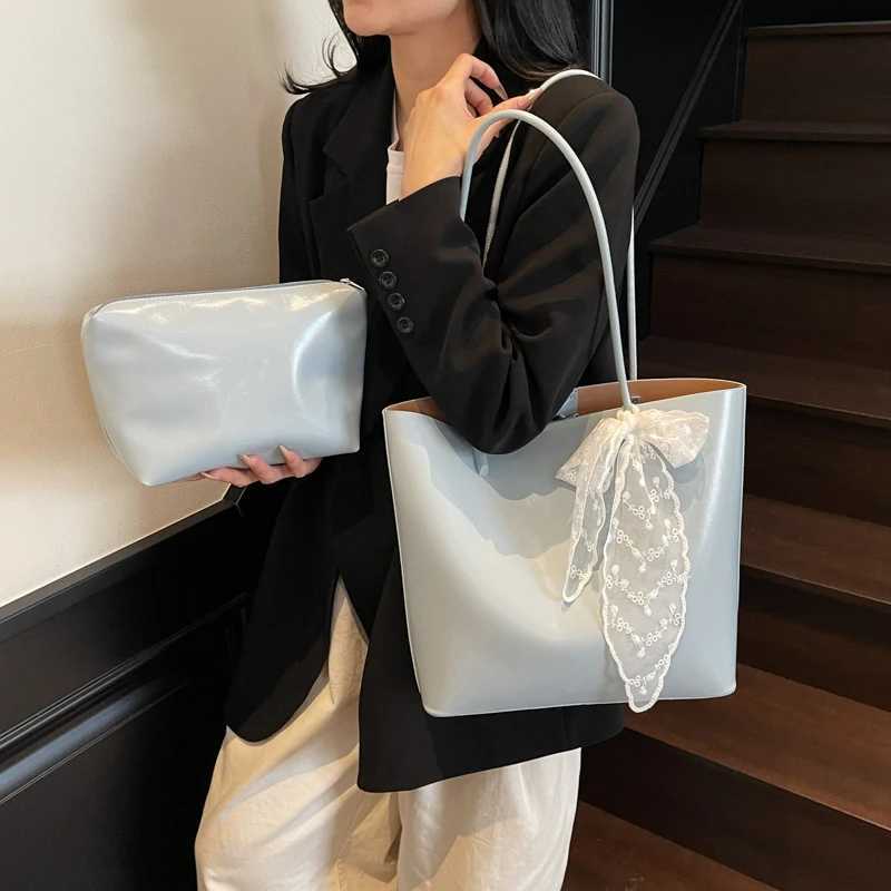 MOODS 2-in-1 Underwear Shoulder Bag Set suitable for womens waxed PU leather lace bow decoration large capacity shopping bag with small bag Y250320