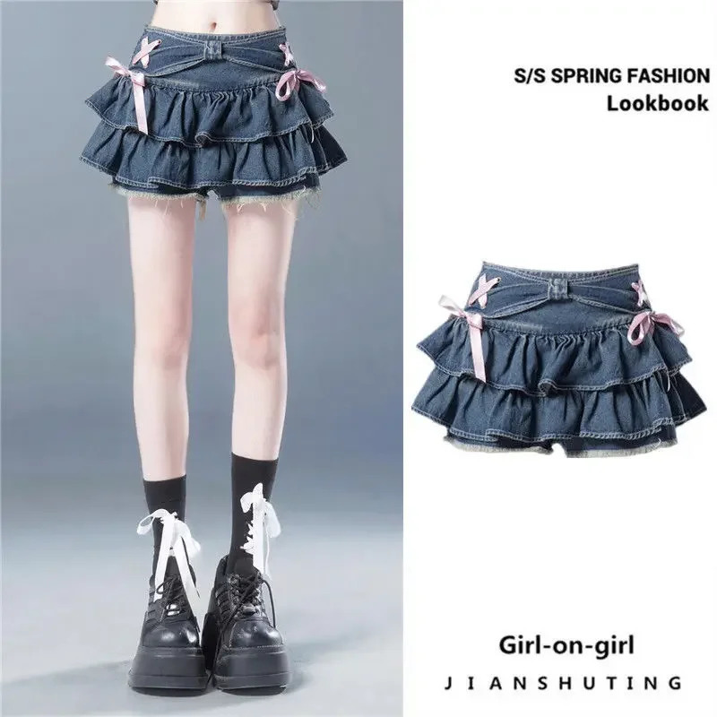 Blue Denim Pleated Skirt Y2K Aesthetic Sweet Pink Bow Lace Up Ruffles Cake Mini Skirts Harajuku Women Kawaii Short Skirt 250320