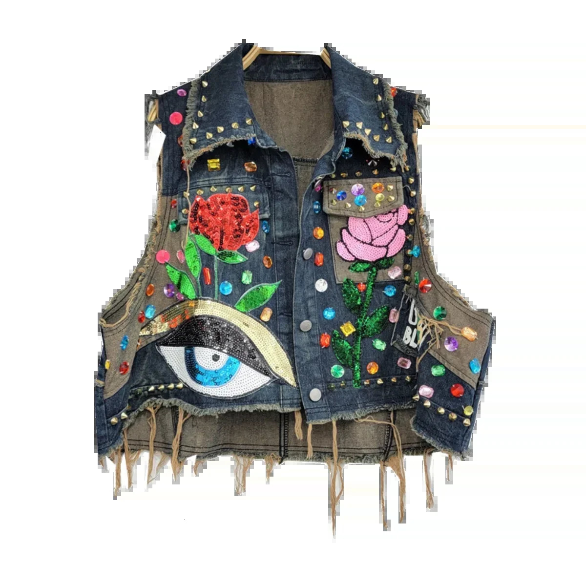 Spring Summer Woman Floral Embroidery Sequined Denim Vest Raw Edge Distressed Washed Jeans Waistcoat Diamonds Cowboy Tank Tops 250320