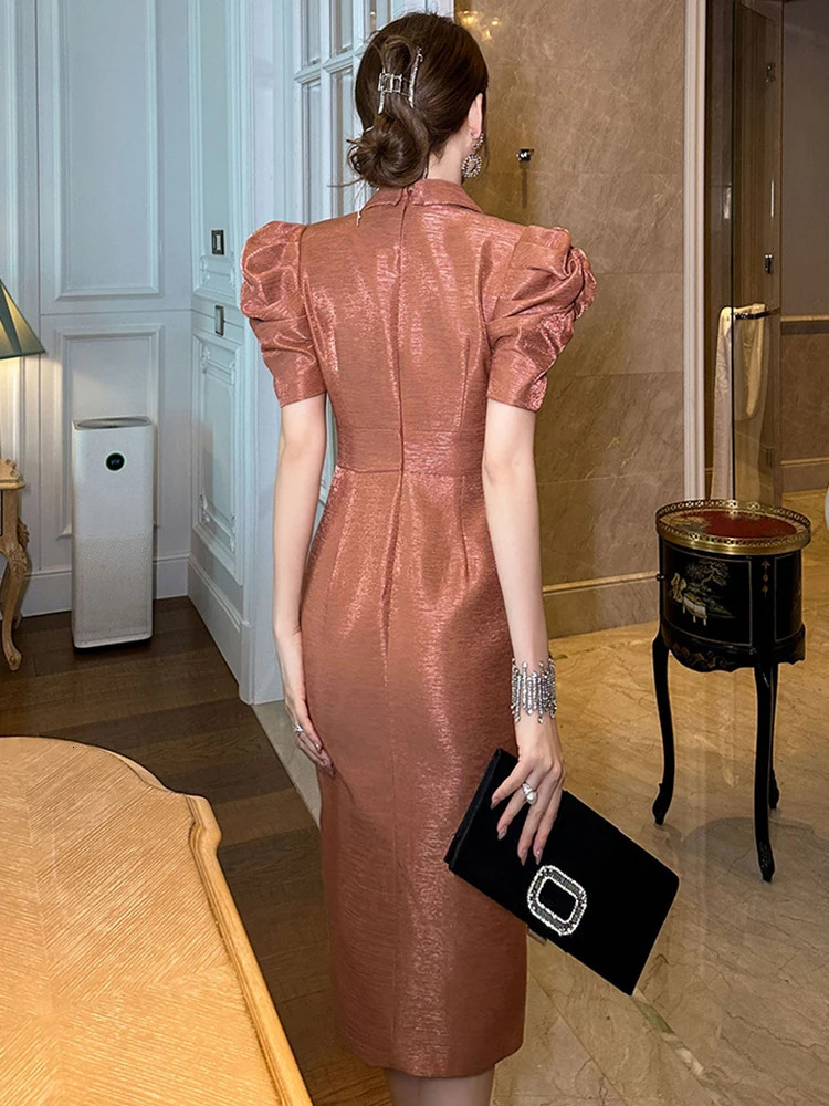 Professional Fashion Dress Women Celebrity Bright Silk Satin Bubble Sleeve Slit Robe Female Business Party Vestidos Office Lady 250320