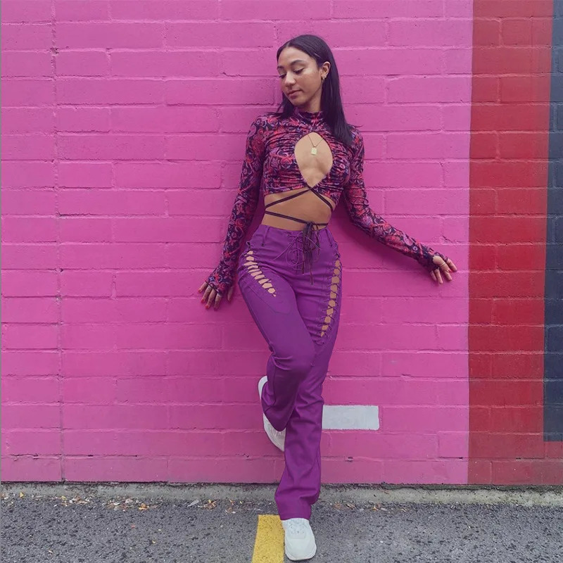 Woman Pants Sexy High Waist Pant 2025 Spring Summer Hollow Out Bandage Autumn Trend Leather Club Slim Streetwear PU Y2K Trousers 250320