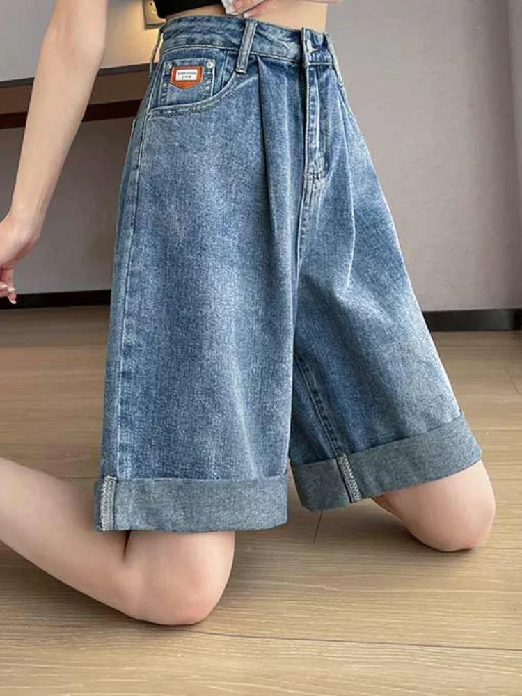 Summer Womens Shorts High Waist Cotton Wide-leg Short Pants Loose Button Korean Knee Length Solid White Denim Shorts for Women 250320