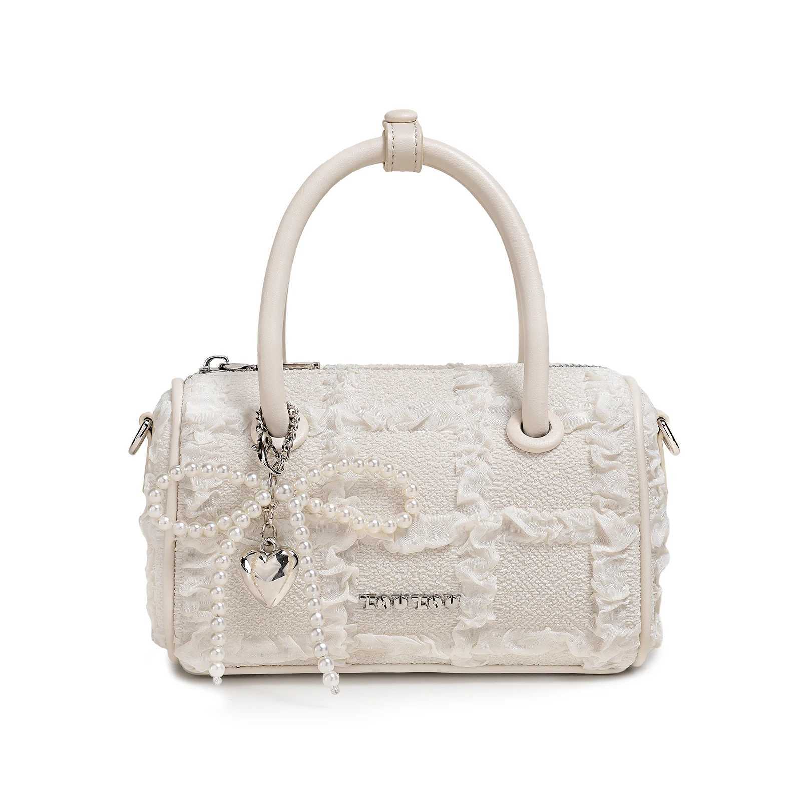 Versatile High End Boston Bag Trendy Quilted Jacquard Bowling Bag with Bowling Knot and Heart Charm Cute Handbag and Crossbody Bag Y250319