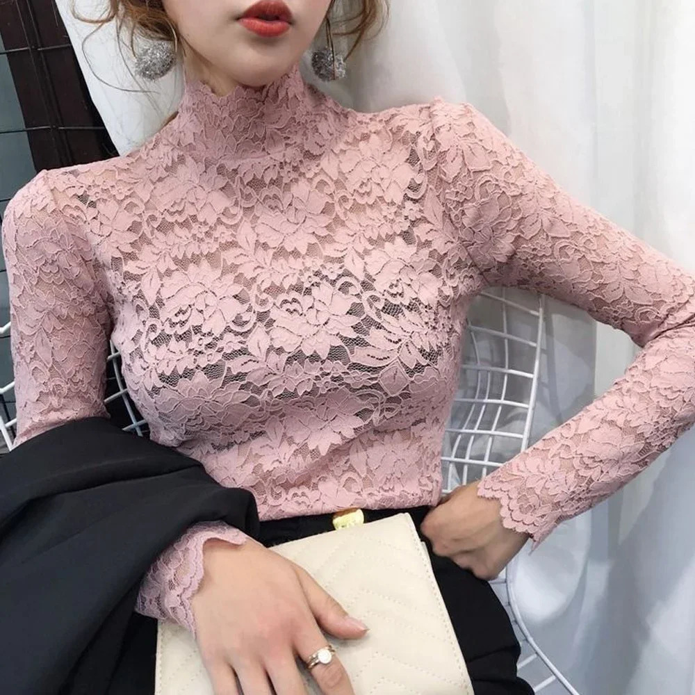 Women Stretch Turtleneck Petal Sleeve Shirt Blue Green White Black Flowers Lace T Ladies S2XL Tops Fashion 250311