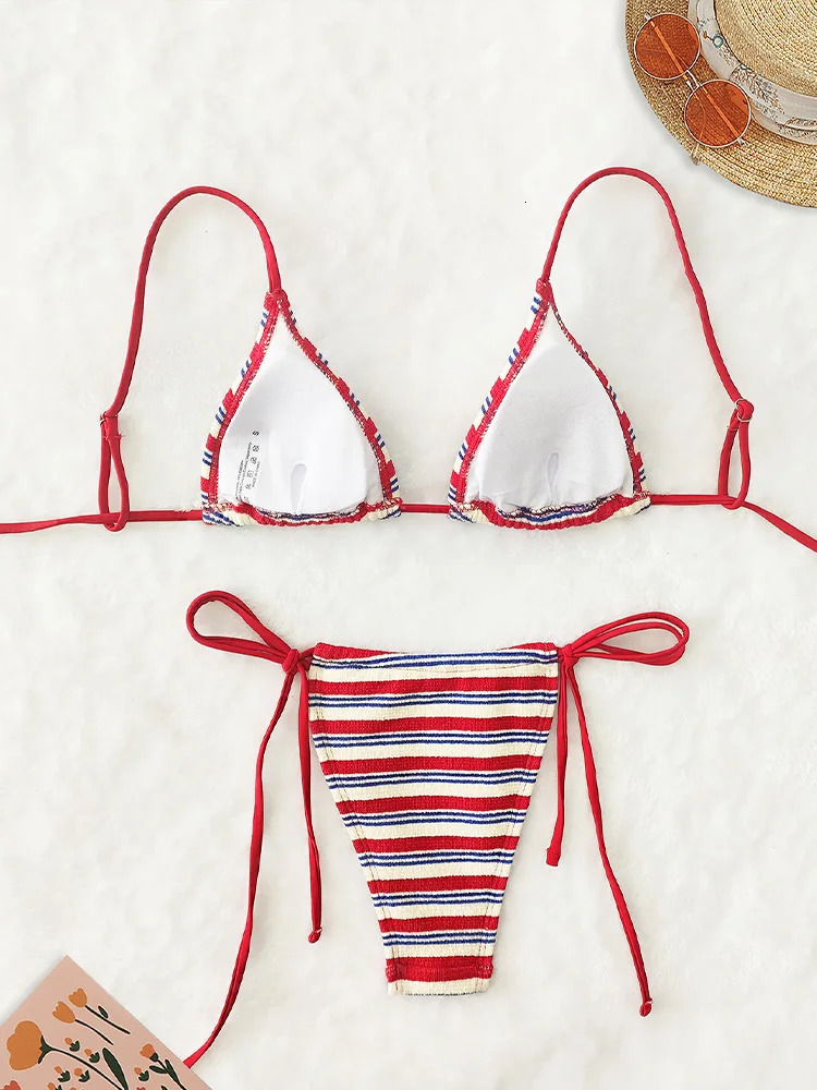 Sexy lace striped backless bikini 2piece set womens split swimsuit beach style 2025 summer 250320