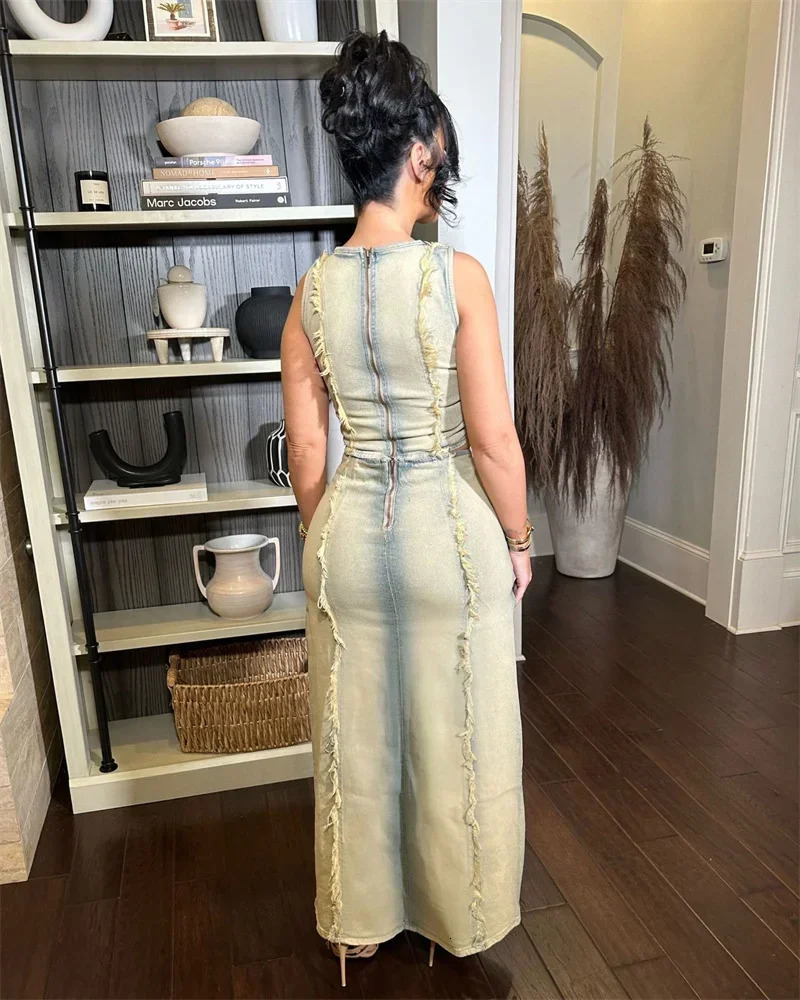 Mens open top denim two-piece Y2K birthday dress sleeveless crop top and side sewn long sleeved tight jeans 250318
