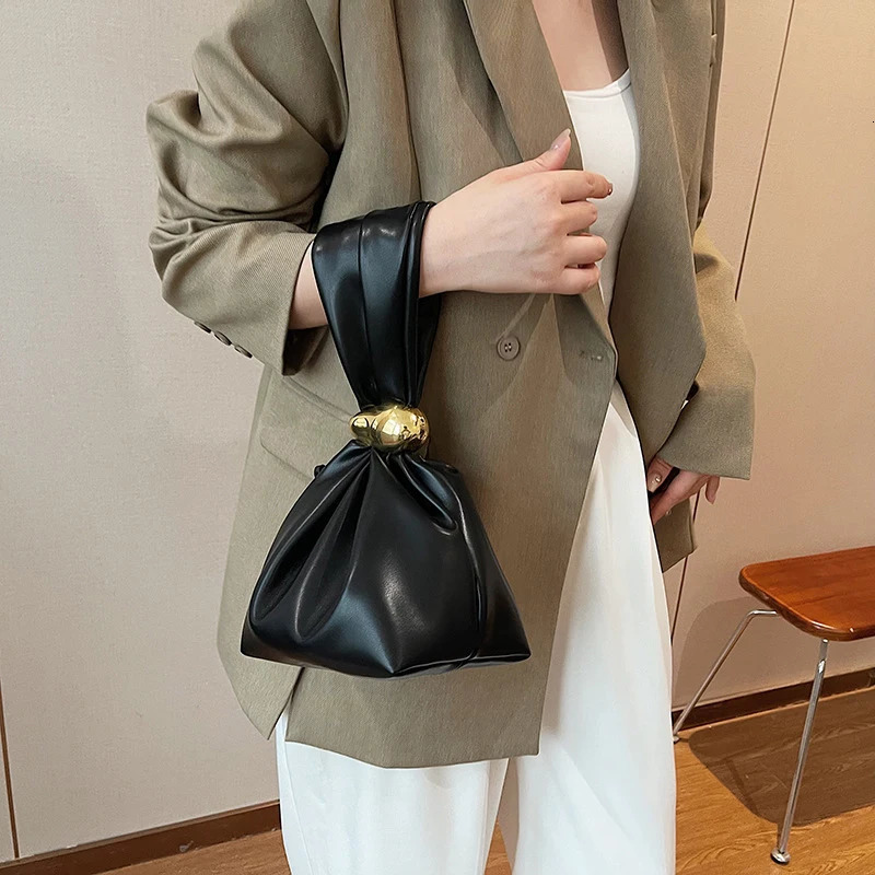 n mini PU leather garbage bags for women fashionable knotting retro womens shoulder wrist handbags and wallets 250317