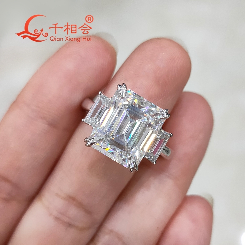 Womens Men 8CT Emerald Cut Moissanite Engagement Ring Three Stones 10x12mm White Diamond Silver 925 Wedding Jewelry